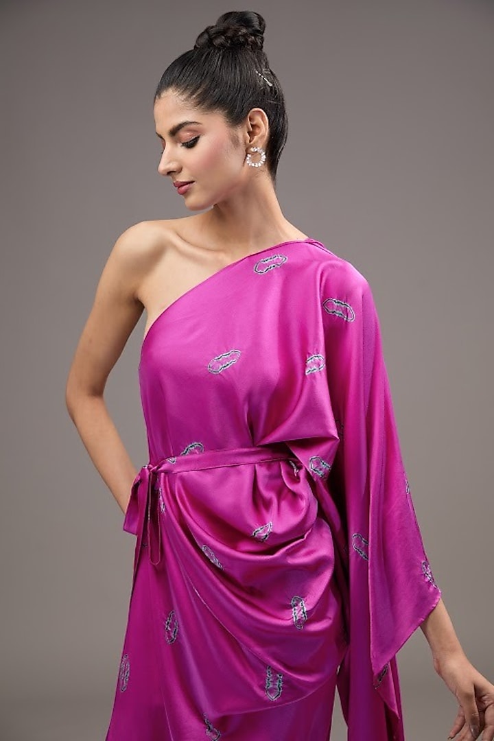 Magenta Silk Lycra Satin Tie-Dye One-Shoulder Vacation Dress by Stephany at Pernia's Pop Up Shop