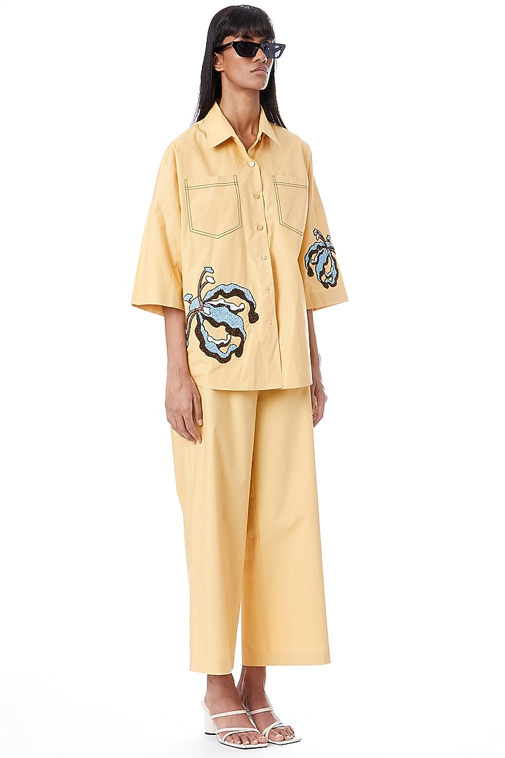 Yellow Cotton Embellished Boxy Shirt by Kanika Goyal at Pernia's Pop Up Shop