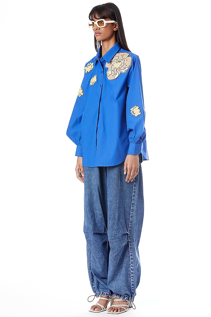 Blue Cotton Hand Embellished Shirt by Kanika Goyal at Pernia's Pop Up Shop