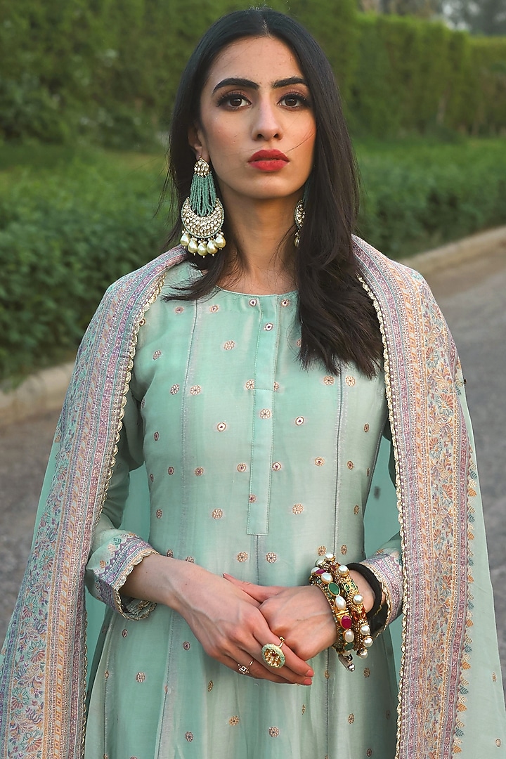 Sea Green Woven Wedding Anarkali Set by Safaa at Pernia's Pop Up Shop