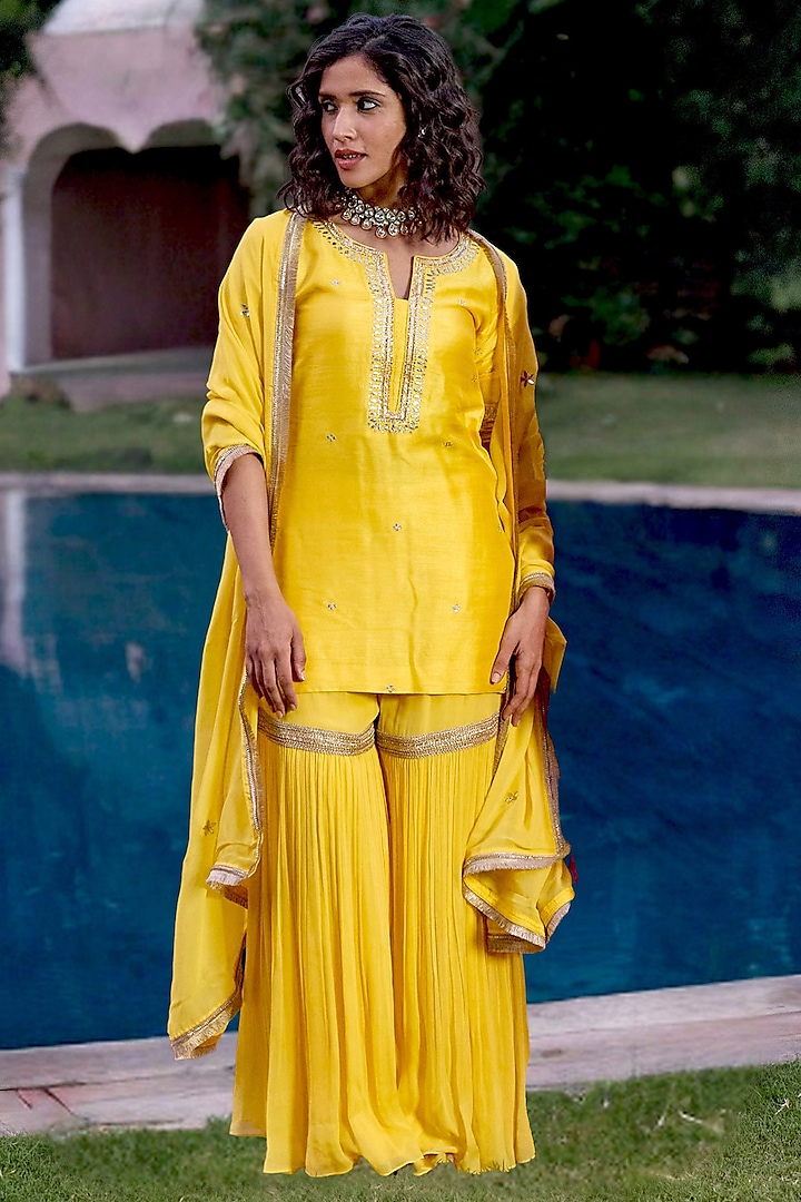 Yellow Pure Dupion Silk Gota Patti & Nakshi Embroidered Pleated Sharara Set by Bbaawri
