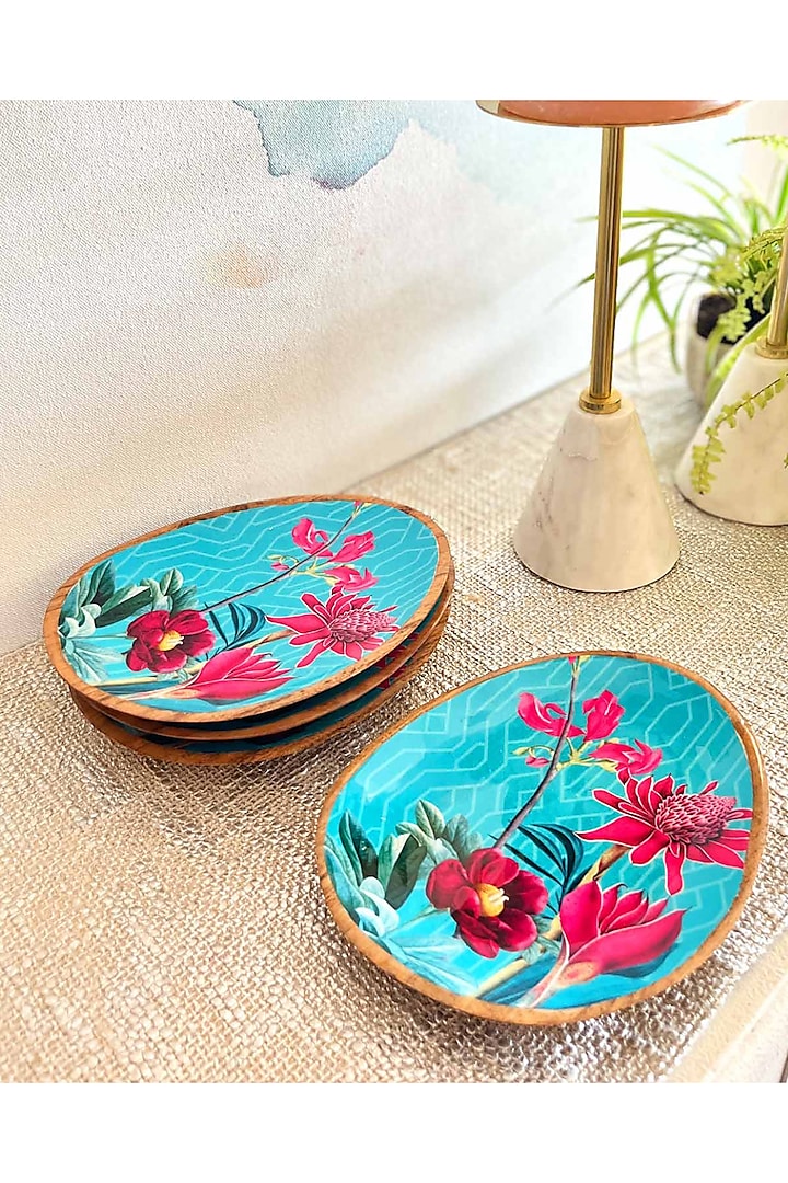 Turquoise & Pink Mango Wood Chilean Deco Plates (Set Of 4) by Faaya Gifting at Pernia's Pop Up Shop