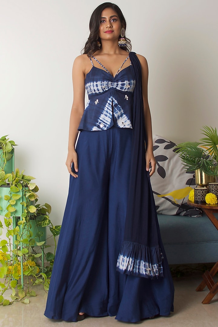 Dark Midnight Blue Chiffon Palazzo Pant Set by Dhwaja at Pernia's Pop Up Shop