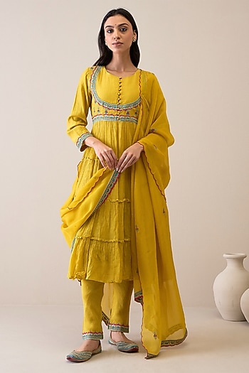 Mustard Pure Silk Handloom Chanderi Resham Embroidered Wedding Anarkali Set by RoohbyRidhimaa at Pernia's Pop Up Shop