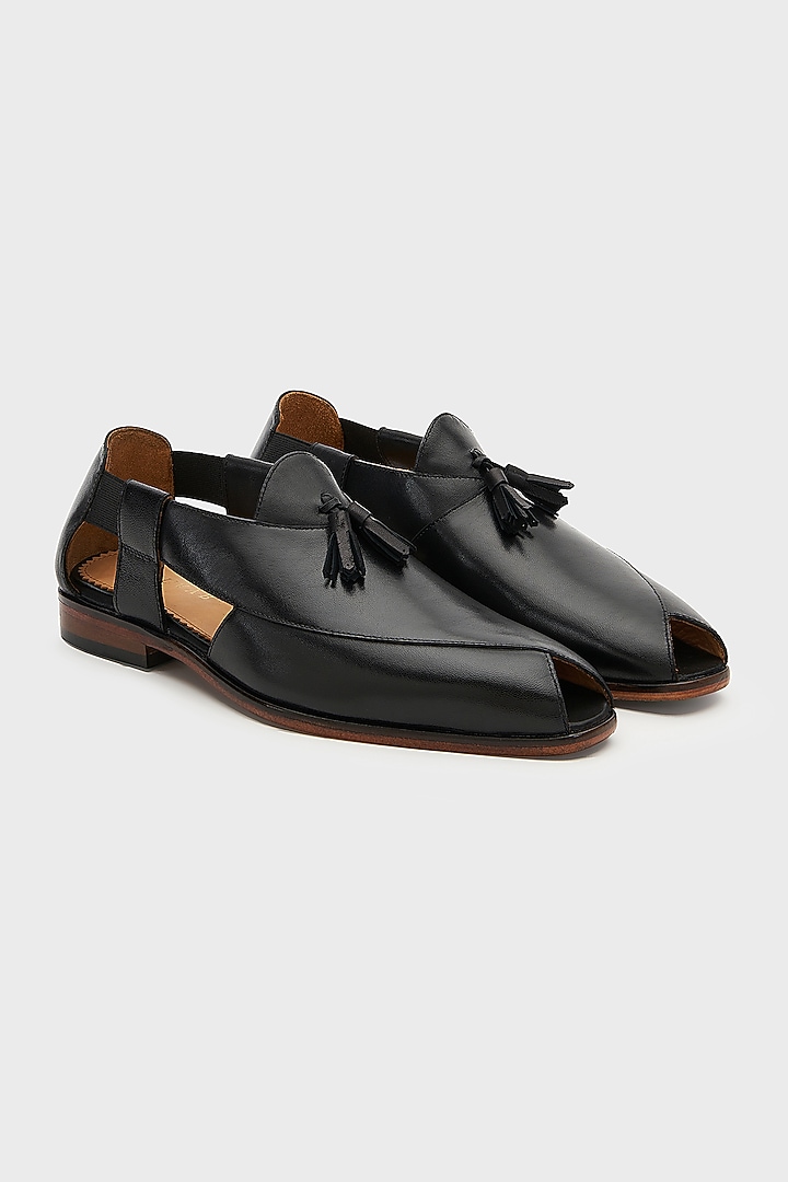 Black Leather Peshawari Sandals by Nauvab at Pernia's Pop Up Shop