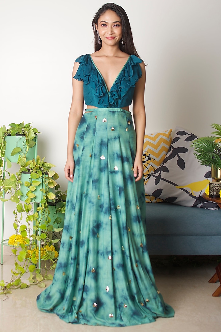 Bluish Green Tie-Dye Gown by Dhwaja
