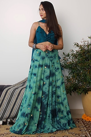 Bluish Green Tie-Dye Lehenga Set by Dhwaja
