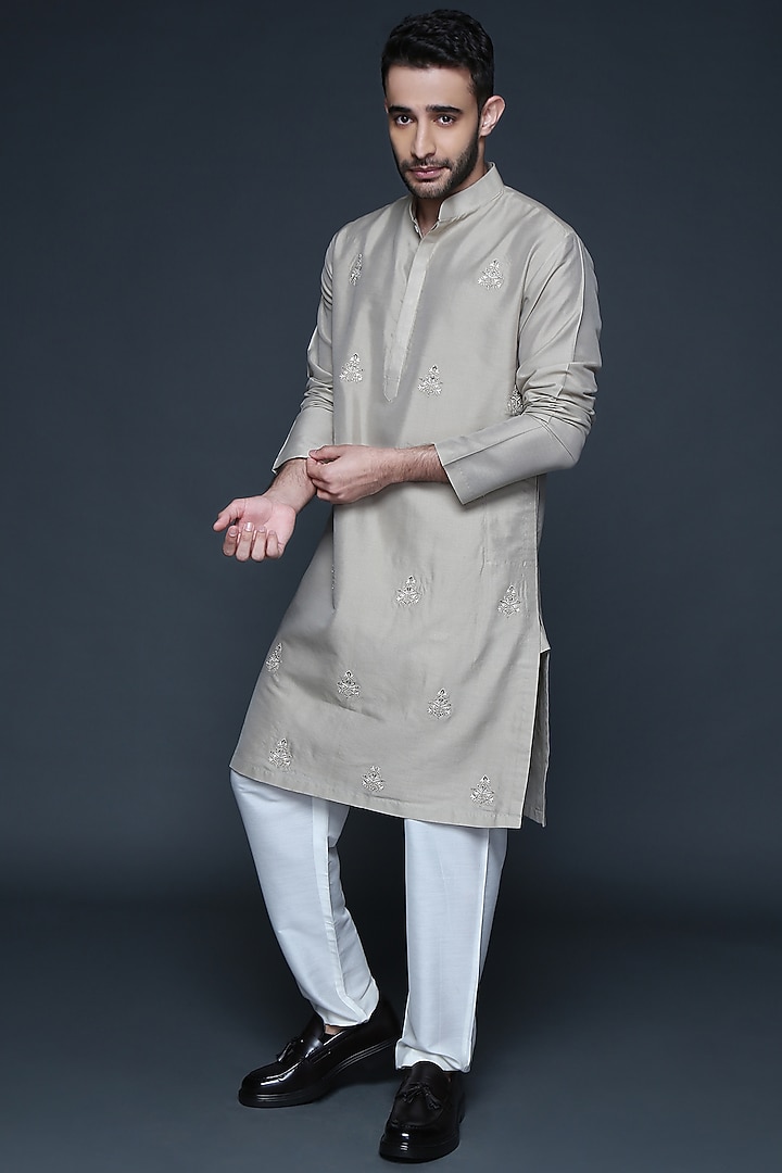 Stone Grey Embroidered Kurta Set by Sanjev Marwaaha Men at Pernia's Pop Up Shop