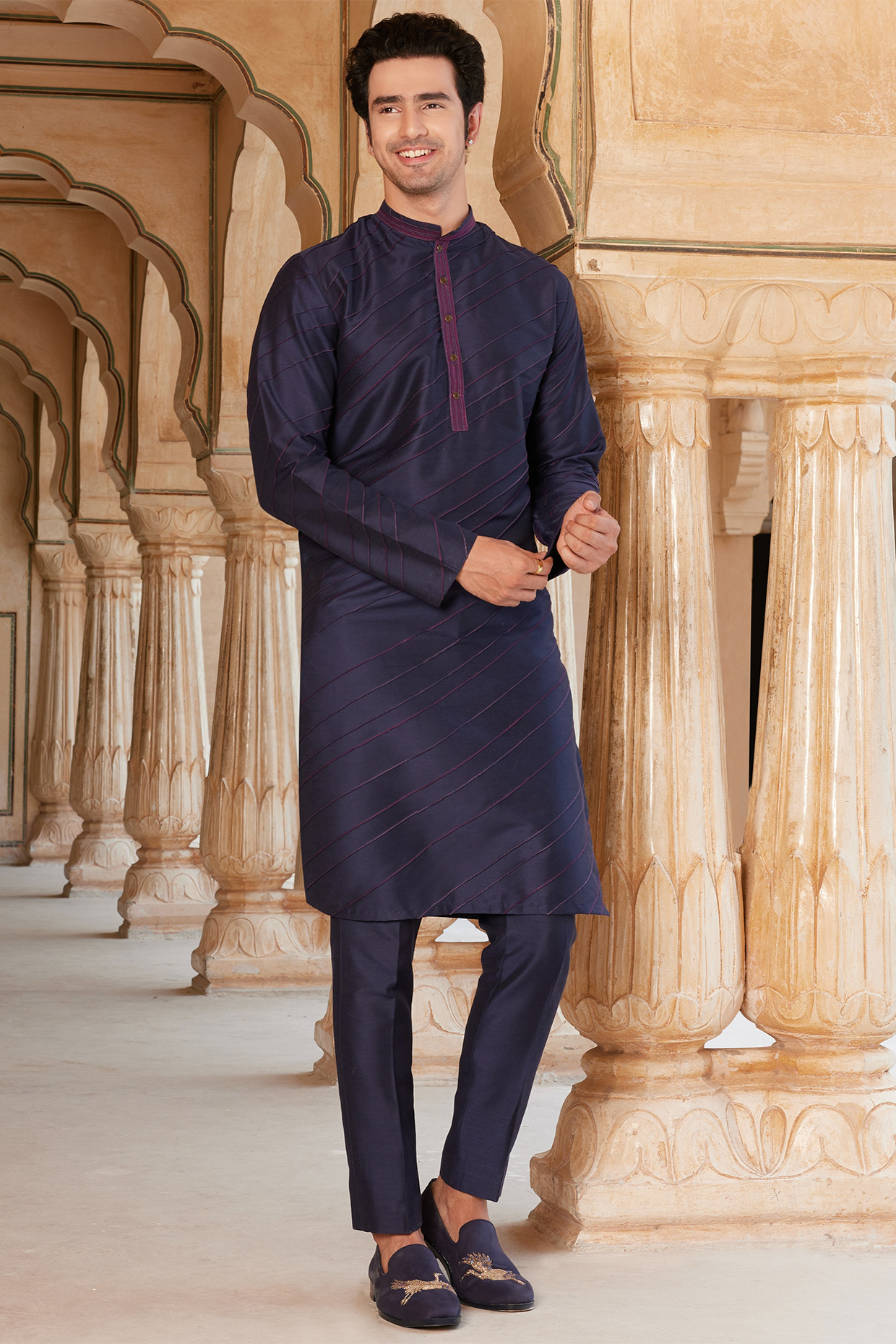 Midnight Blue Cotton Silk Thread Embroidered Kurta Set by SURBHI PANSARI