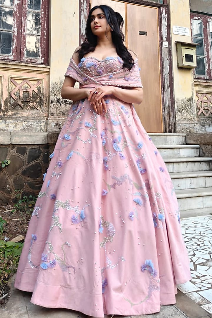Pink Satin Hand Embroidered Flared Gown by BAYA BY RICHA