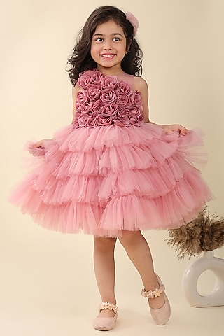 Pink Poly Silk Dress For Girls by A.T.U.N. (All Things Uber Nice)