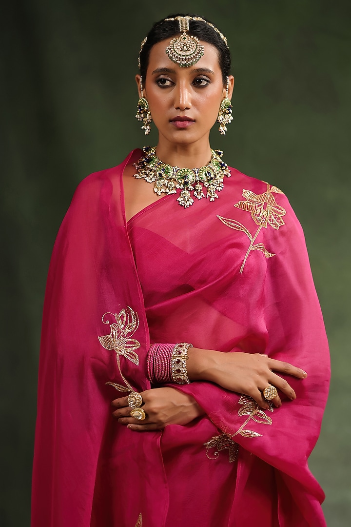 Wine Silk Organza Hand Embroidered Wedding Saree Set by Charu Makkar at Pernia's Pop Up Shop
