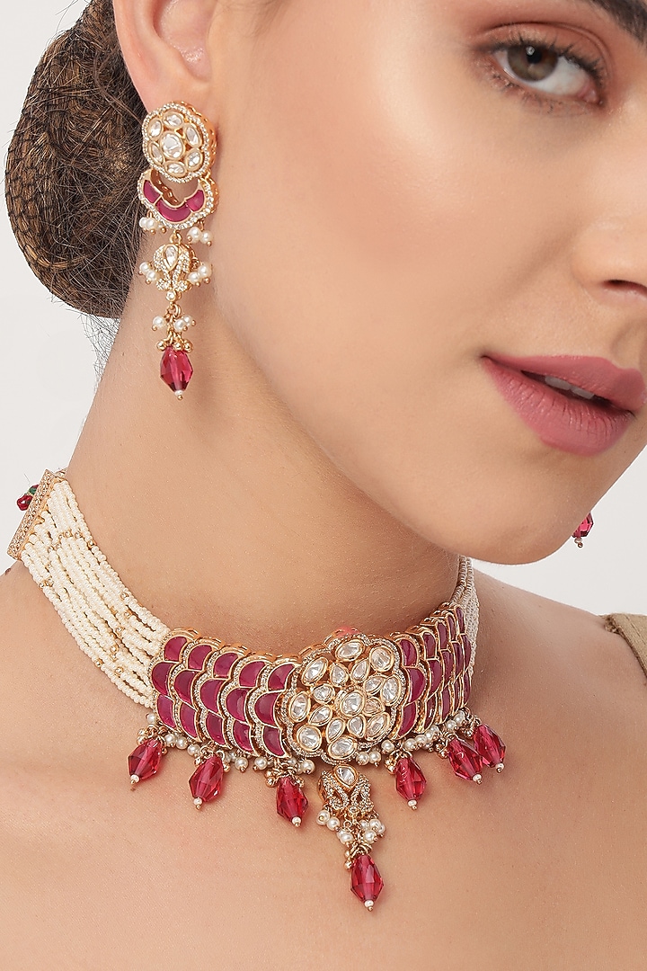 Gold Finish Kundan Polki & Red Pearl Drop Choker Necklace Set by Beryachi at Pernia's Pop Up Shop