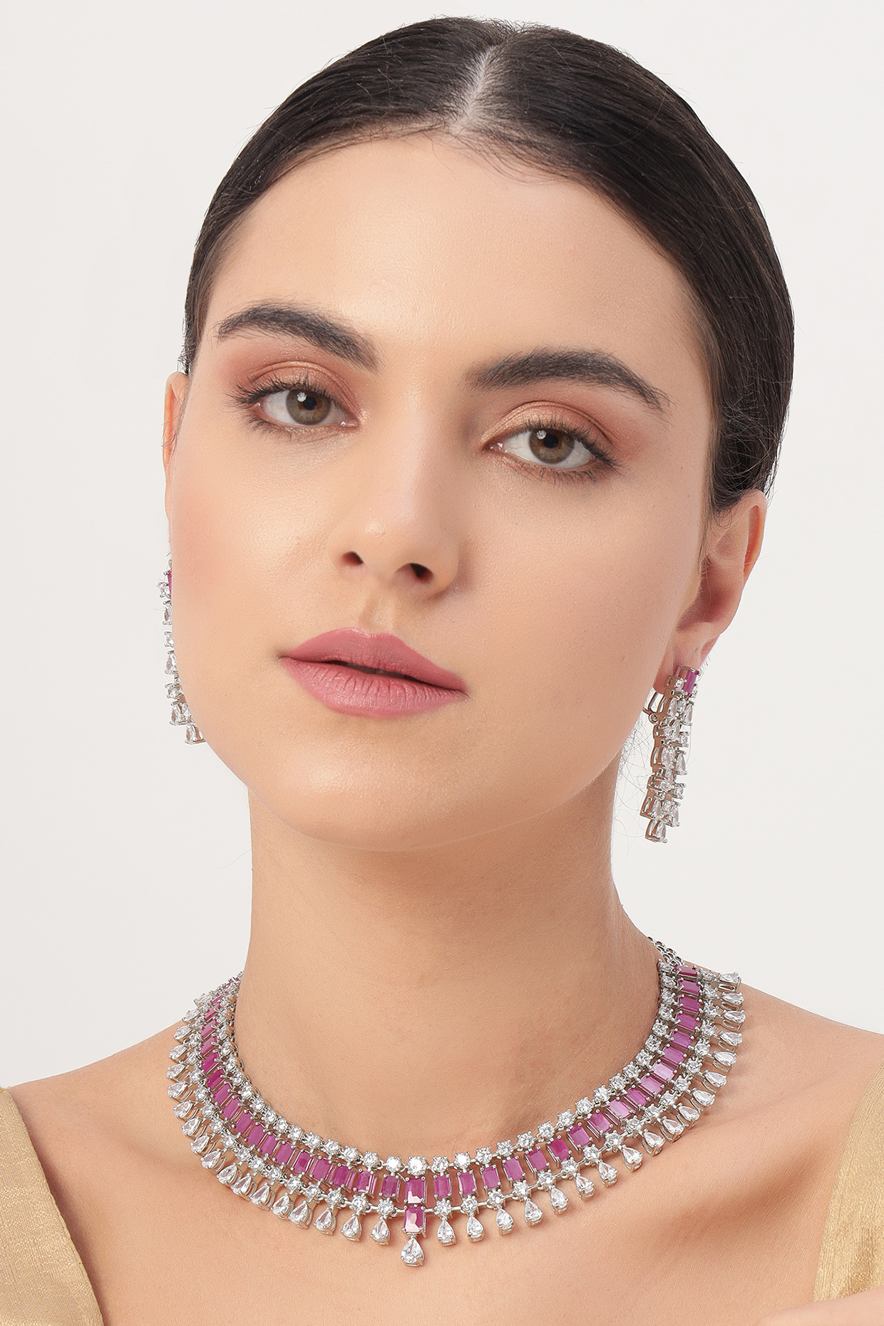 White Finish Ruby & Zircon Necklace Set by Beryachi at Pernia's Pop Up Shop