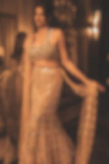 Gold Tulle & Organza Sequin Embellished Bridal Lehenga Set by Papa Don't Preach by Shubhika at Pernia's Pop Up Shop