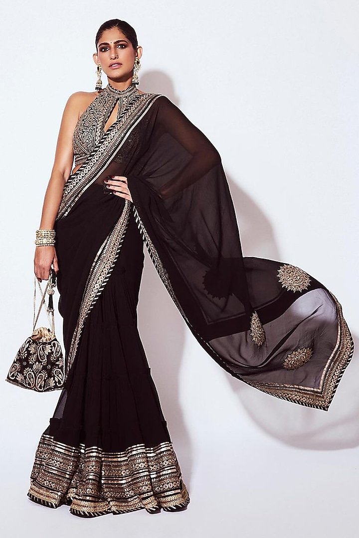 Black Chiffon Sequins Hand & Machine Embroidered Lehenga Saree Set by GOPI VAID at Pernia's Pop Up Shop