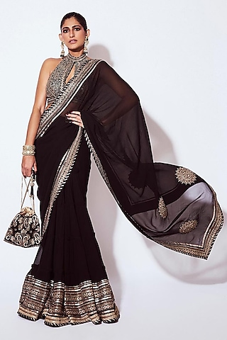 Black Chiffon Sequins Hand & Machine Embroidered Lehenga Saree Set by GOPI VAID