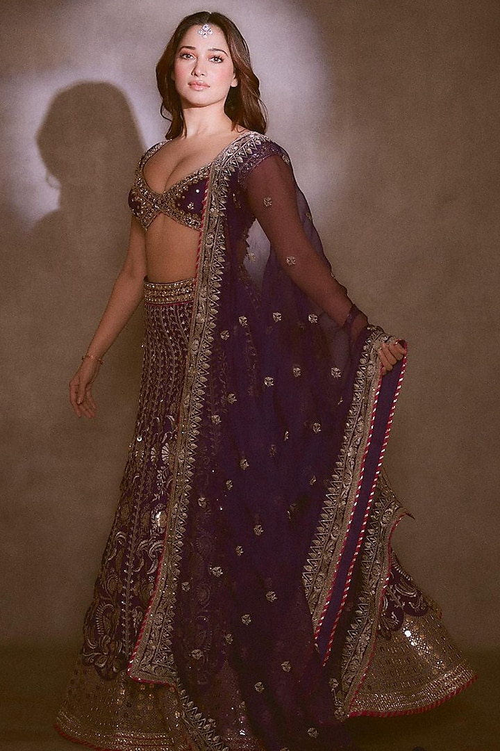 Purple Tussar Sequins & Gota Embroidered Lehenga Set by GOPI VAID