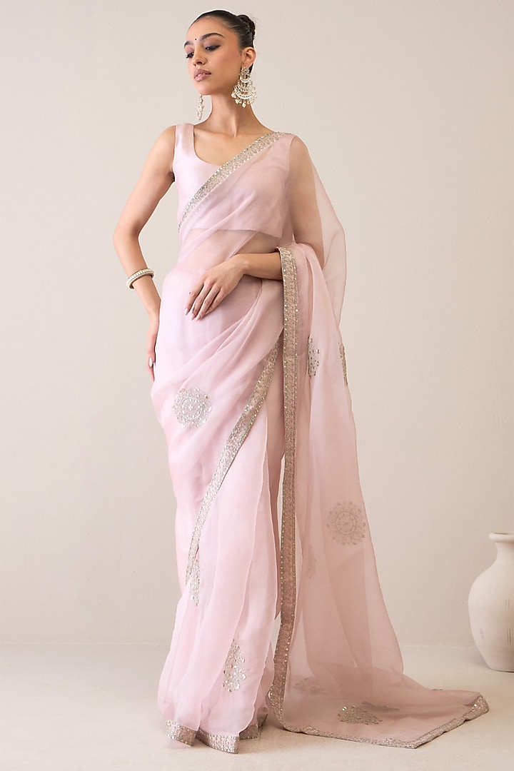 Light Mauve Silk Organza & Viscose Raw Silk Sequins Hand Embroidered Wedding Saree Set by RoohbyRidhimaa at Pernia's Pop Up Shop