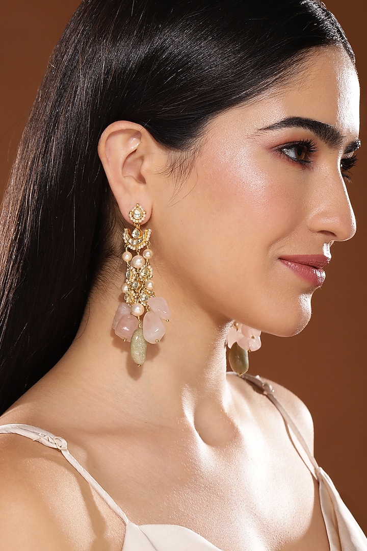 Gold Finish Kundan Polki & Soft Pink Onyx Stone Dangler Earrings by Heer-House Of Jewellery at Pernia's Pop Up Shop