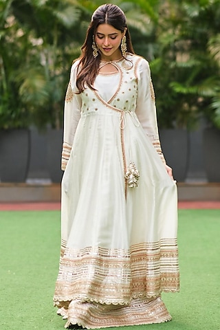 white and golden anarkali dress White Golden Embroidery Traditional Anarkali Suit m main image 1