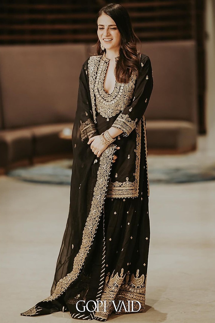 Black Tussar Marodi Embroidered Sharara Set by GOPI VAID at Pernia's Pop Up Shop