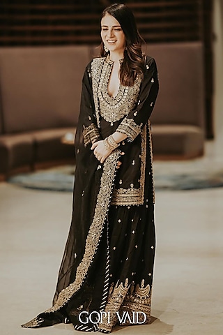 Black Tussar Marodi Embroidered Sharara Set by GOPI VAID