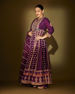 Purple Vegan Silk Embellished Kalidar Anarkali Set by SHRADDHA RAMBHIA