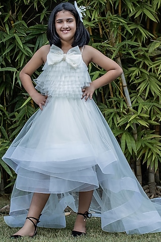 Off-White Butterfly Net Pearl Embellished Dress For Girls by PEAR BEAR