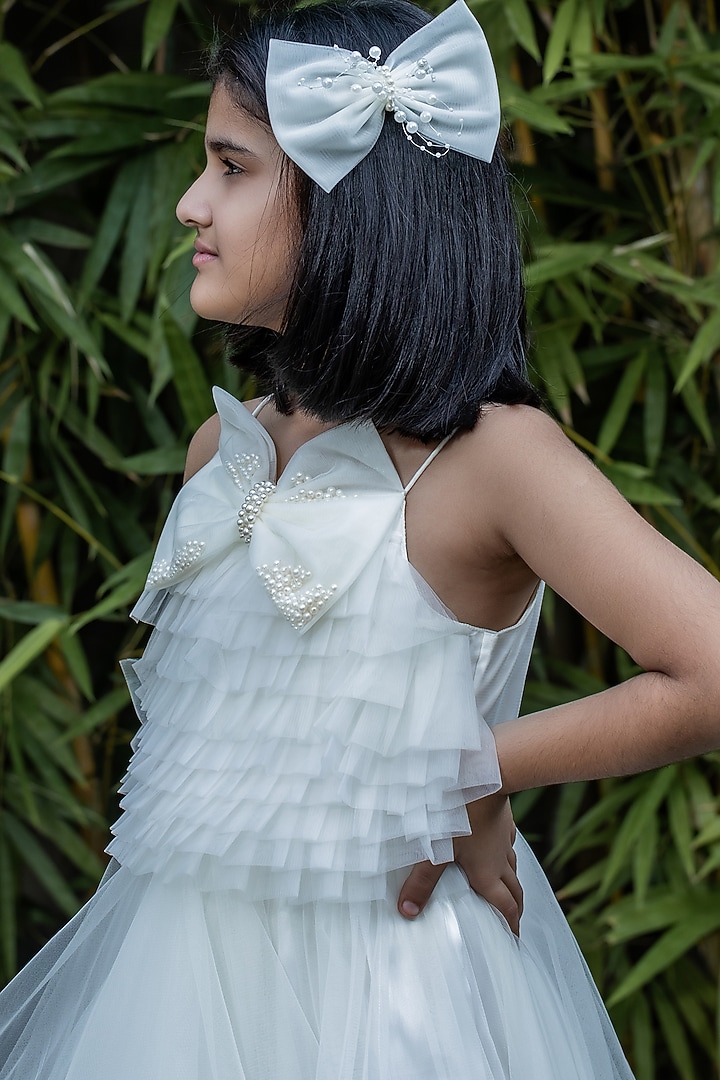 Off-White Butterfly Net Pearl Embellished Dress For Girls by PEAR BEAR at Pernia's Pop Up Shop