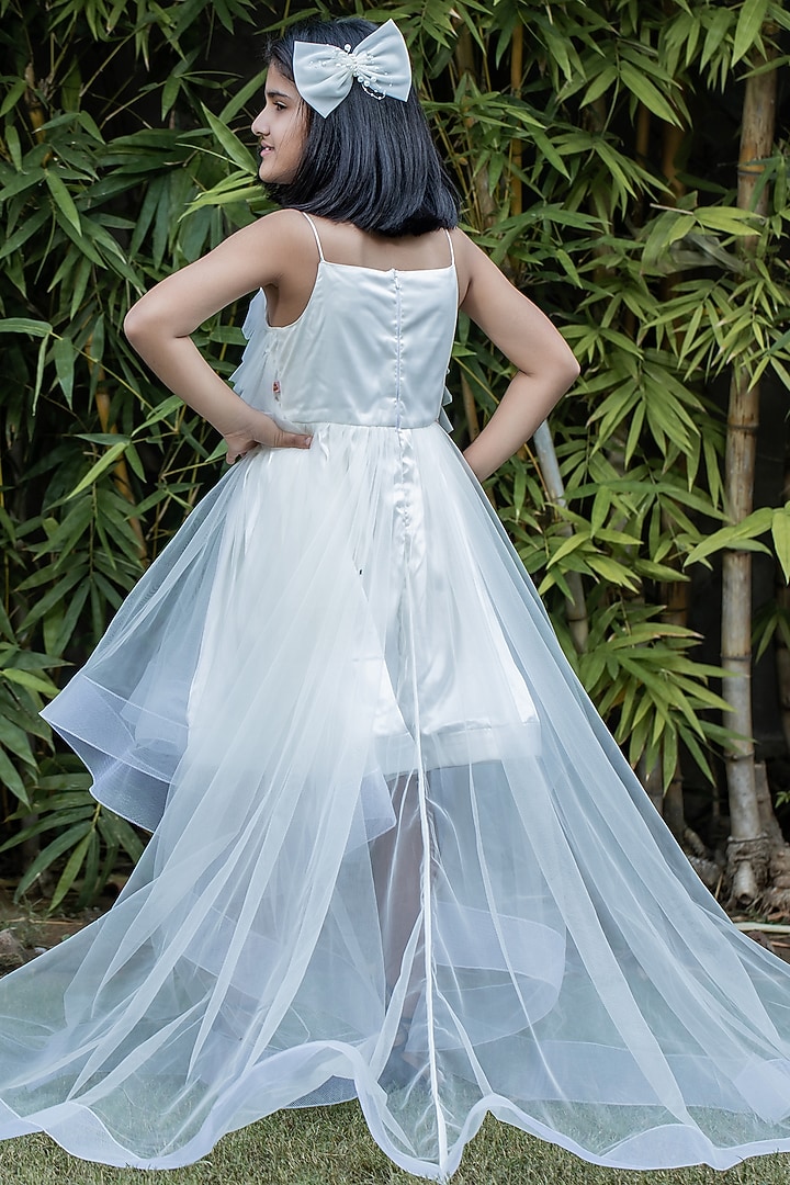 Off-White Butterfly Net Pearl Embellished Dress For Girls by PEAR BEAR at Pernia's Pop Up Shop