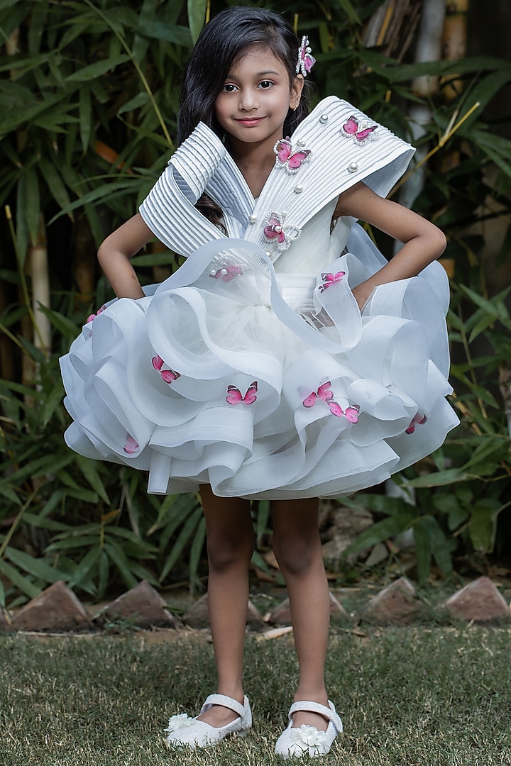 Off-White Butterfly Net Pearl Embellished Dress With Belt For Girls by PEAR BEAR at Pernia's Pop Up Shop