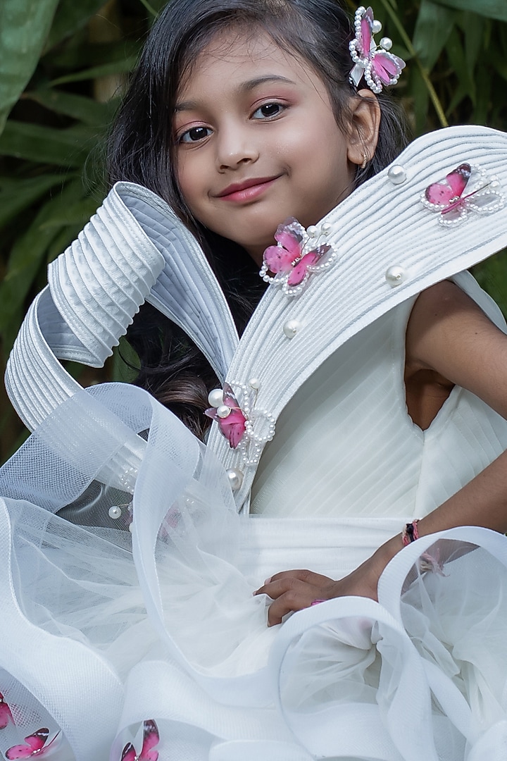 Off-White Butterfly Net Pearl Embellished Dress With Belt For Girls by PEAR BEAR at Pernia's Pop Up Shop