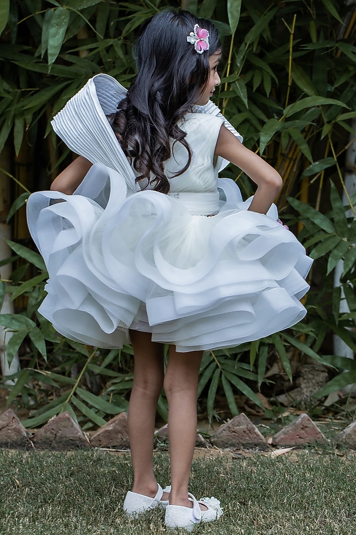 Off-White Butterfly Net Pearl Embellished Dress With Belt For Girls by PEAR BEAR at Pernia's Pop Up Shop