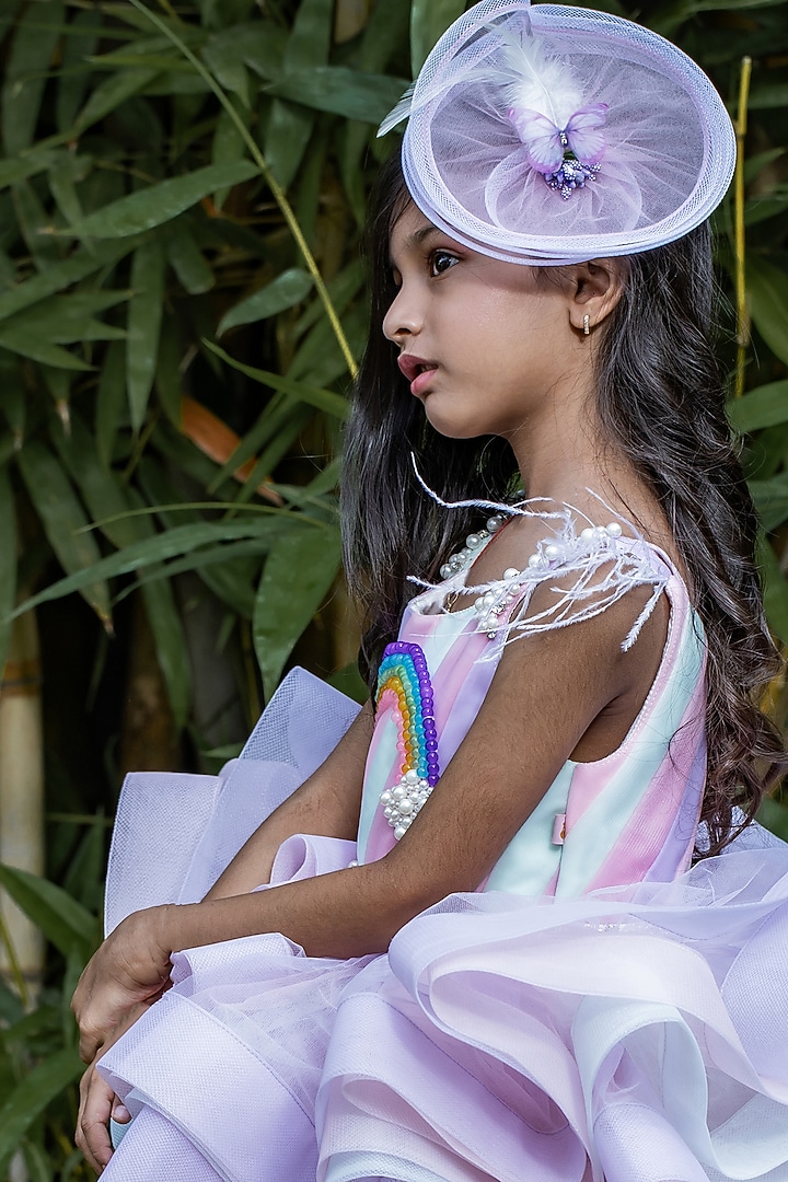 Multi-Colored Butterfly Net & Ostrich Feather Beads Embroidered Dress For Girls by PEAR BEAR at Pernia's Pop Up Shop