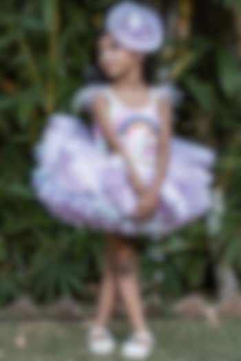 Multi-Colored Butterfly Net & Ostrich Feather Beads Embroidered Dress For Girls by PEAR BEAR at Pernia's Pop Up Shop