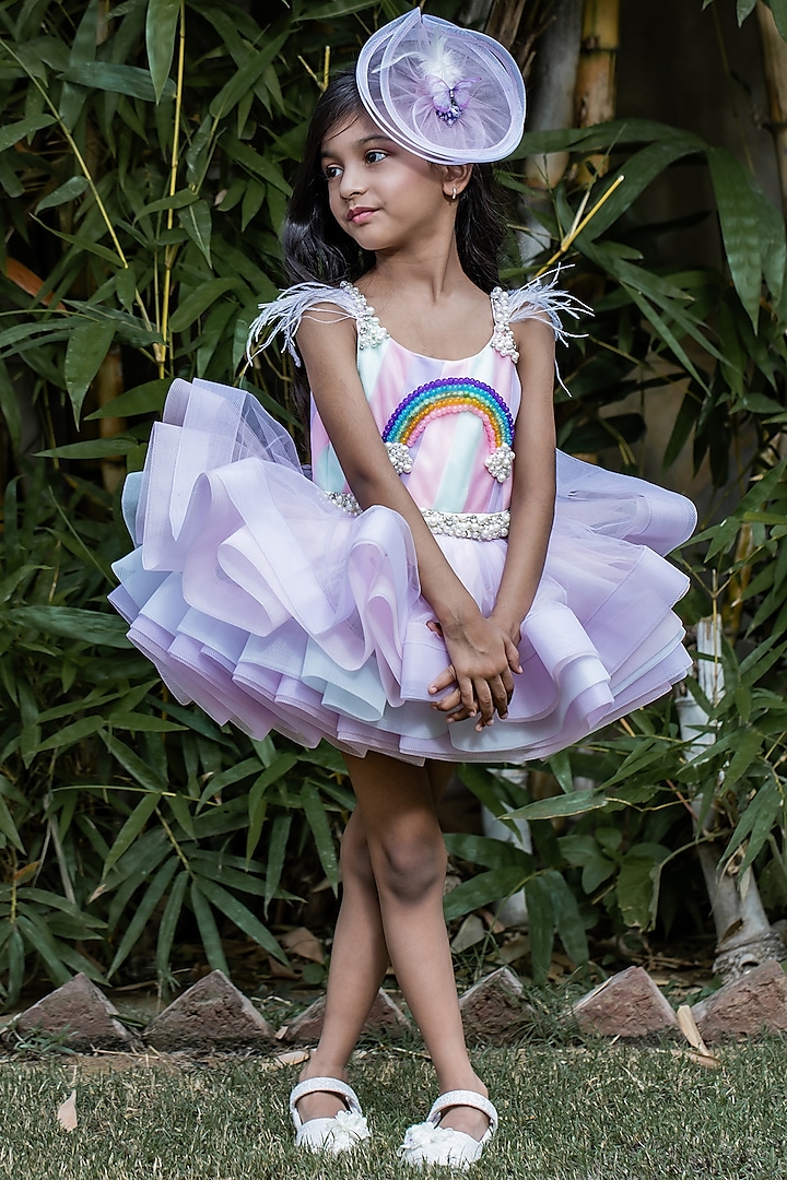 Multi-Colored Butterfly Net & Ostrich Feather Beads Embroidered Dress For Girls by PEAR BEAR at Pernia's Pop Up Shop
