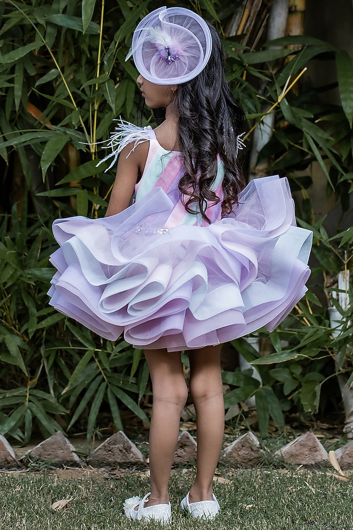 Multi-Colored Butterfly Net & Ostrich Feather Beads Embroidered Dress For Girls by PEAR BEAR at Pernia's Pop Up Shop