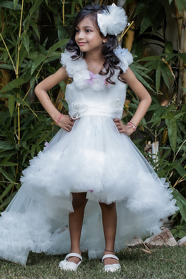 Off-White Butterfly Net Pearl Embellished Dress For Girls by PEAR BEAR at Pernia's Pop Up Shop