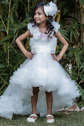 Off-White Butterfly Net Pearl Embellished Dress For Girls by PEAR BEAR