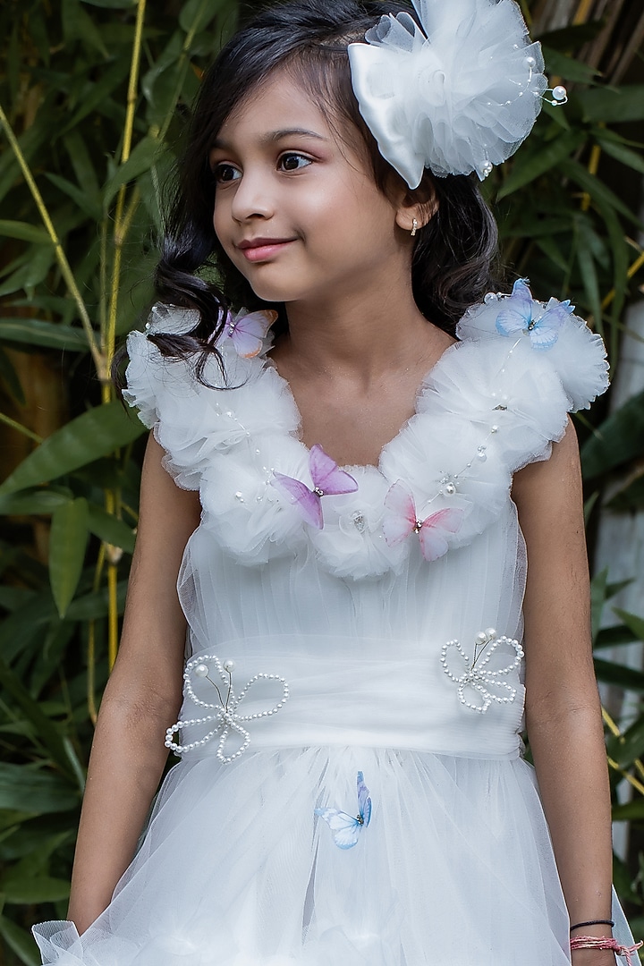 Off-White Butterfly Net Pearl Embellished Dress For Girls by PEAR BEAR at Pernia's Pop Up Shop