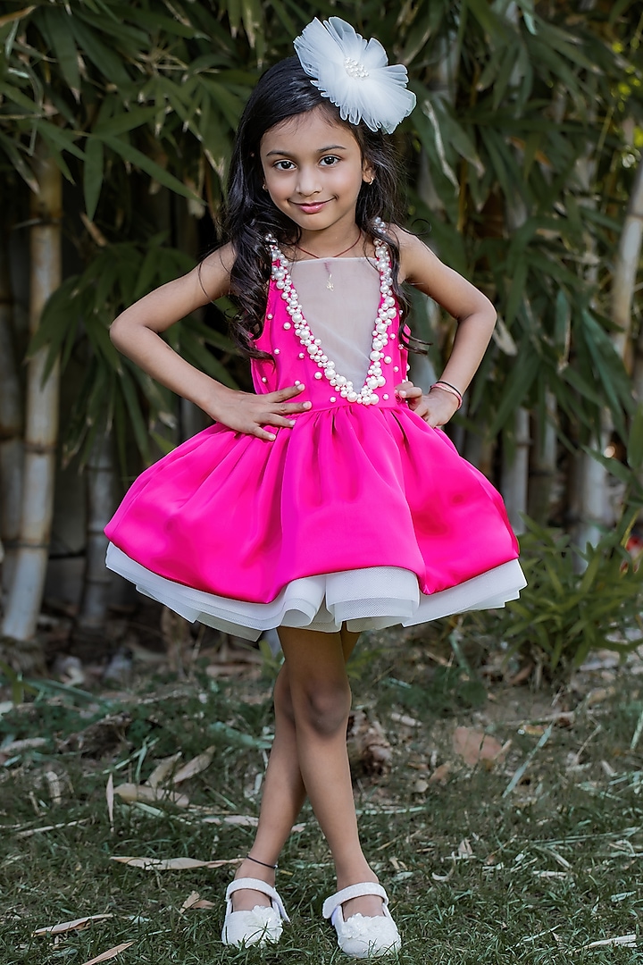 Magenta Bridal Satin Pearl Embellished Dress For Girls by PEAR BEAR at Pernia's Pop Up Shop