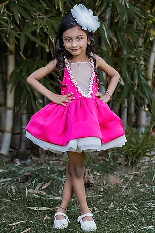 Magenta Bridal Satin Pearl Embellished Dress For Girls by PEAR BEAR