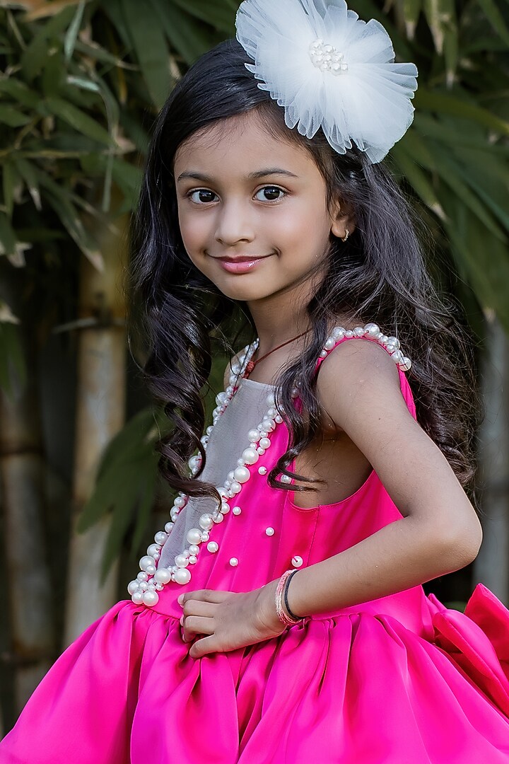 Magenta Bridal Satin Pearl Embellished Dress For Girls by PEAR BEAR at Pernia's Pop Up Shop
