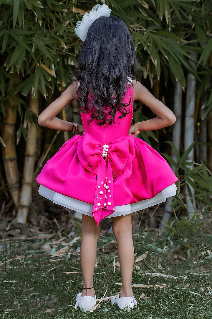 Magenta Bridal Satin Pearl Embellished Dress For Girls by PEAR BEAR at Pernia's Pop Up Shop