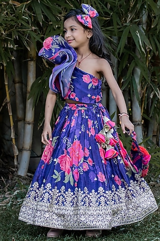 Purple Crepe Floral Printed & Embroidered Lehenga Set For Girls by PEAR BEAR