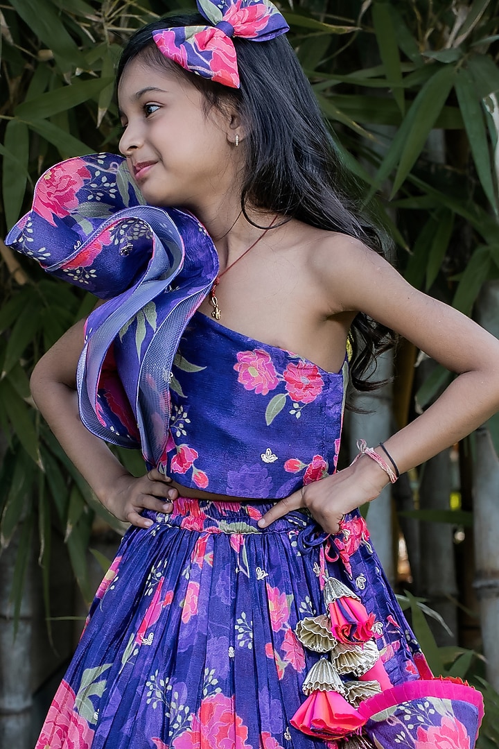 Purple Crepe Floral Printed & Embroidered Lehenga Set For Girls by PEAR BEAR at Pernia's Pop Up Shop