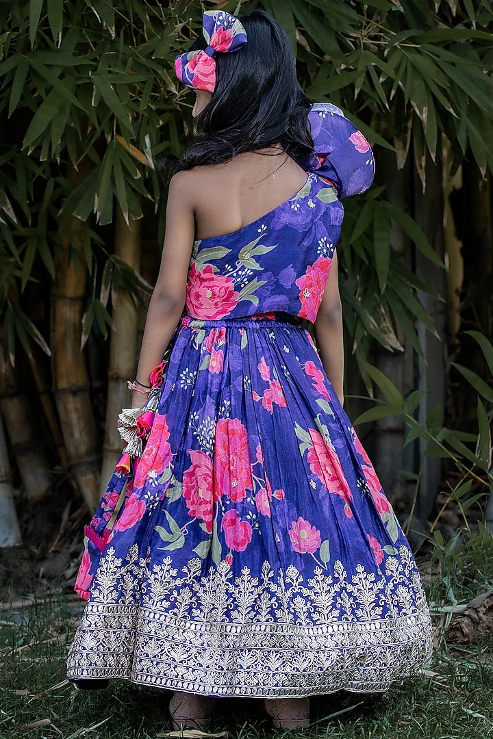 Purple Crepe Floral Printed & Embroidered Lehenga Set For Girls by PEAR BEAR at Pernia's Pop Up Shop