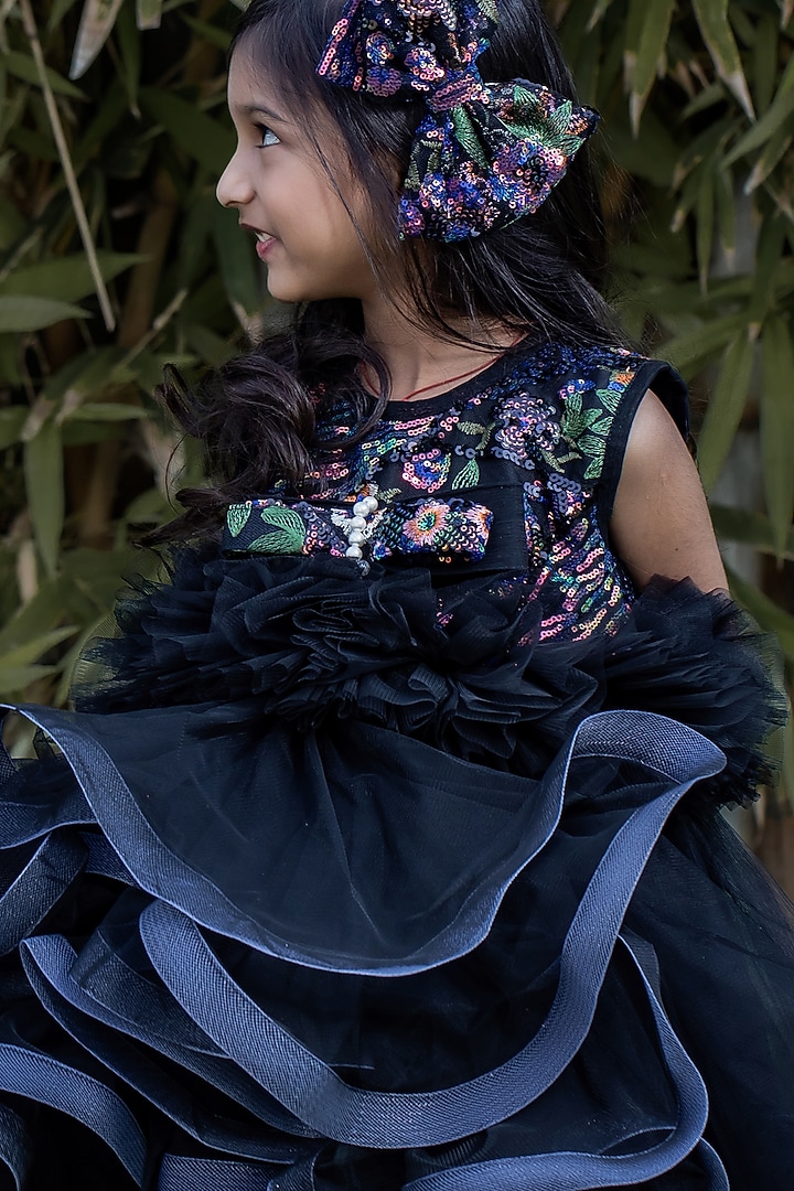 Black Butterfly Net Embroidered Gown For Girls by PEAR BEAR at Pernia's Pop Up Shop