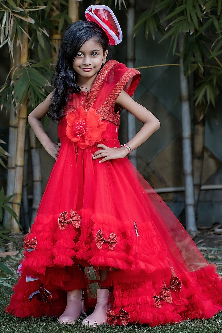 Red Butterfly Net Embellished Gown For Girls by PEAR BEAR at Pernia's Pop Up Shop